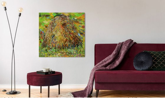 HAYSTACK. EARLY MORNING -  XL large landscape art, original oil painting, village countryside summer art green brown nature impressionism art office interior home decore 150x150 cm