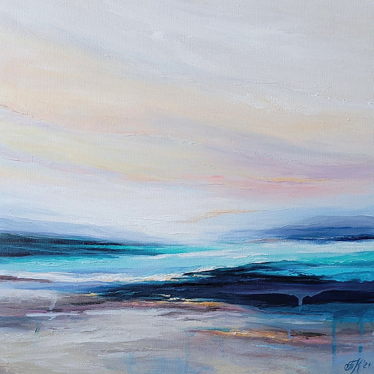 Crystal water, 50*50cm, acrylic abstract landscape painting on canvas, blue beige pink, ho... by Tatyana Kirikova
