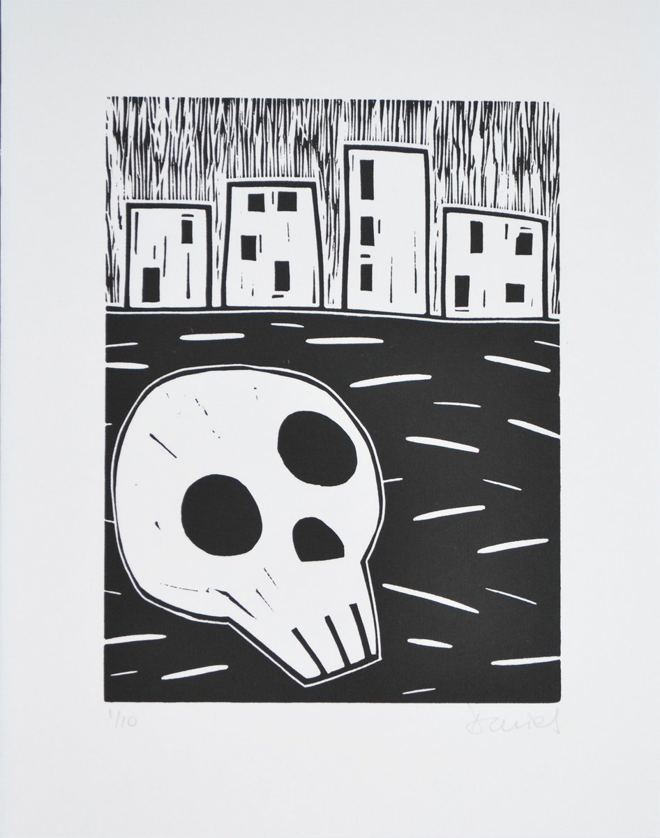 Graphic Landscape Linocut By Julian Davies, 9 X 11", Ghost Town, Original Artwork