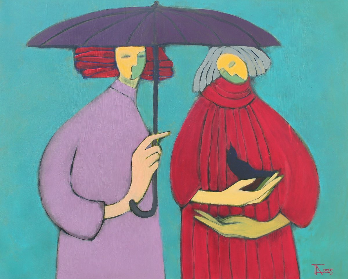 Expressive Portrait Acrylic Painting By Tatjana Auschew, 39 X 31", Two Under An Umbrella., Original Artwork