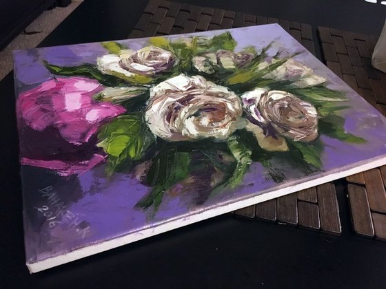 White Roses on Purple