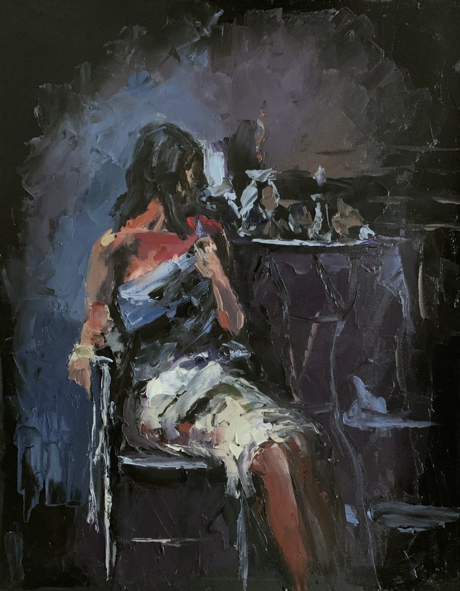 Woman in a cafe on black. by Vita Schagen