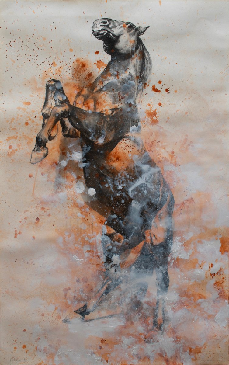 Expressive Animal Charcoal Drawing By Zil Hoque, 36 X 56", Fulcrum Ix (Study), Original Artwork