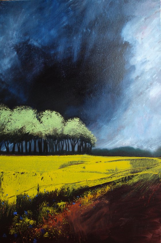 Among Blue Poppies Storm Coming (Surreal Landscape Oil Painting)