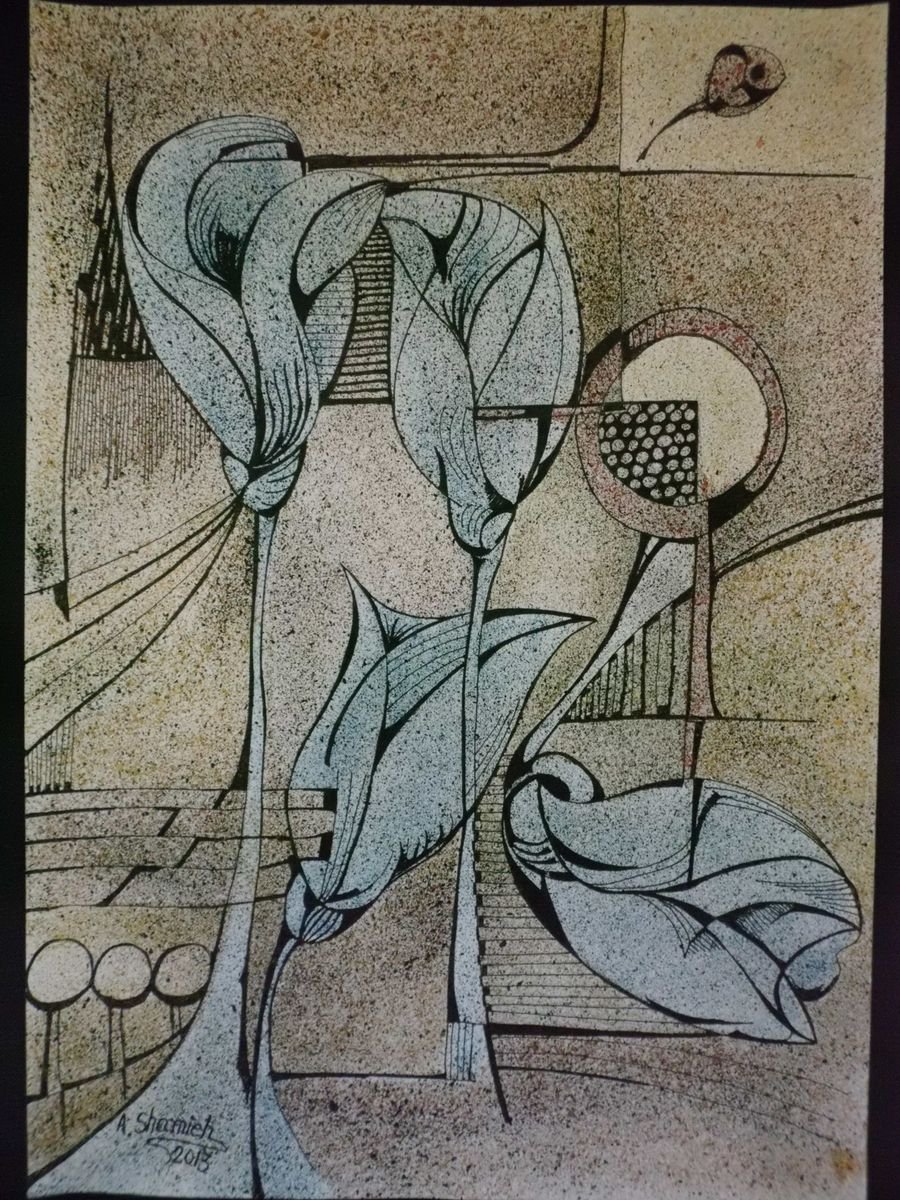 Expressive Botanical Ink Drawing By Abdelrahman Shamieh, 12 X 17, Blue Tulips, Original Artwork