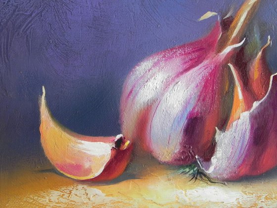 "Garlic" original oil painting, small painting kitchen dekor art