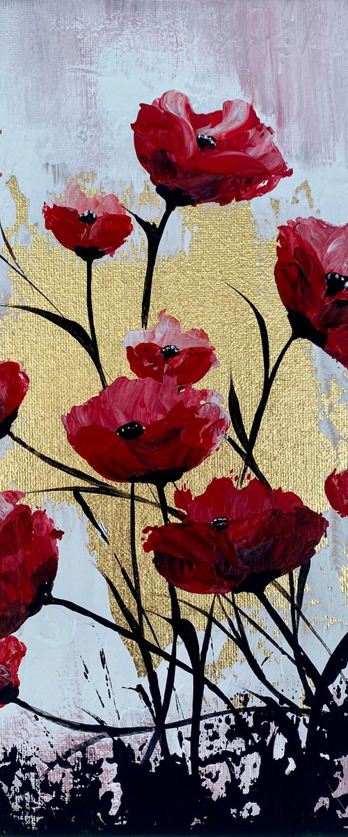 Red Poppies on Gold Leaf against a Pink Sky by Marja Brown