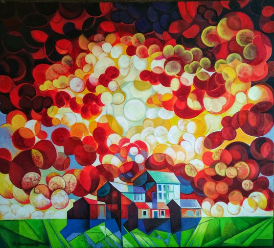 A unique day (80x90cm, cubism, oil painting, ready to hang)