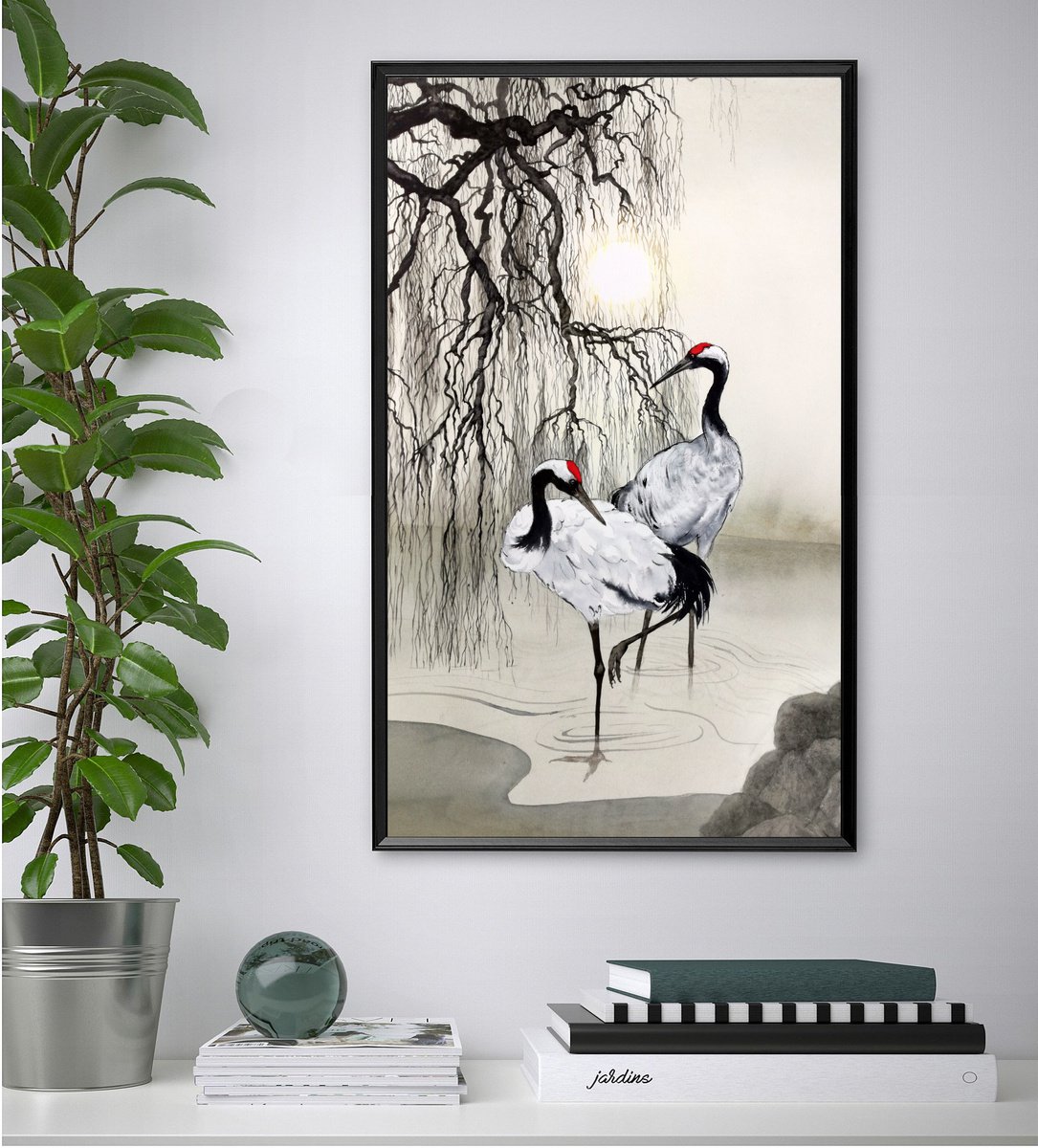 Couple Japanese Red Crowned Cranes - weeping willow tree Watercolour by  Olga Beliaeva Watercolour