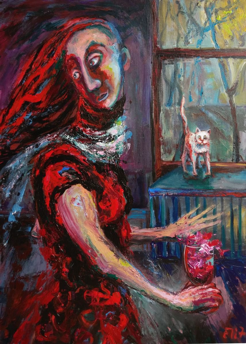 Expressive Portrait Acrylic Painting By Elisheva Nesis, 20 X 28, Glance Back, Original Artwork