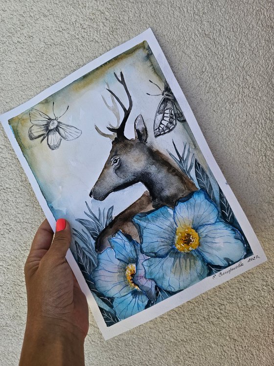 Deer With Poppy Flower (small)