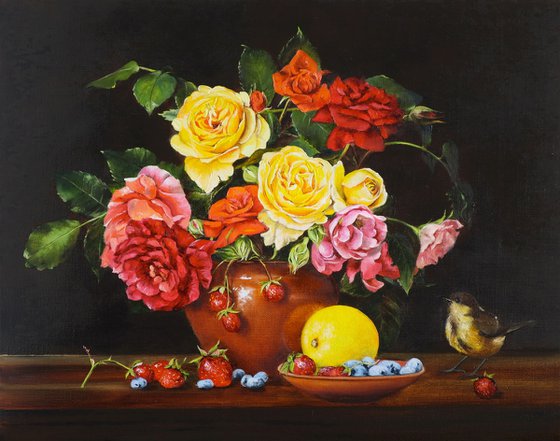 Garden Roses and Little Bird