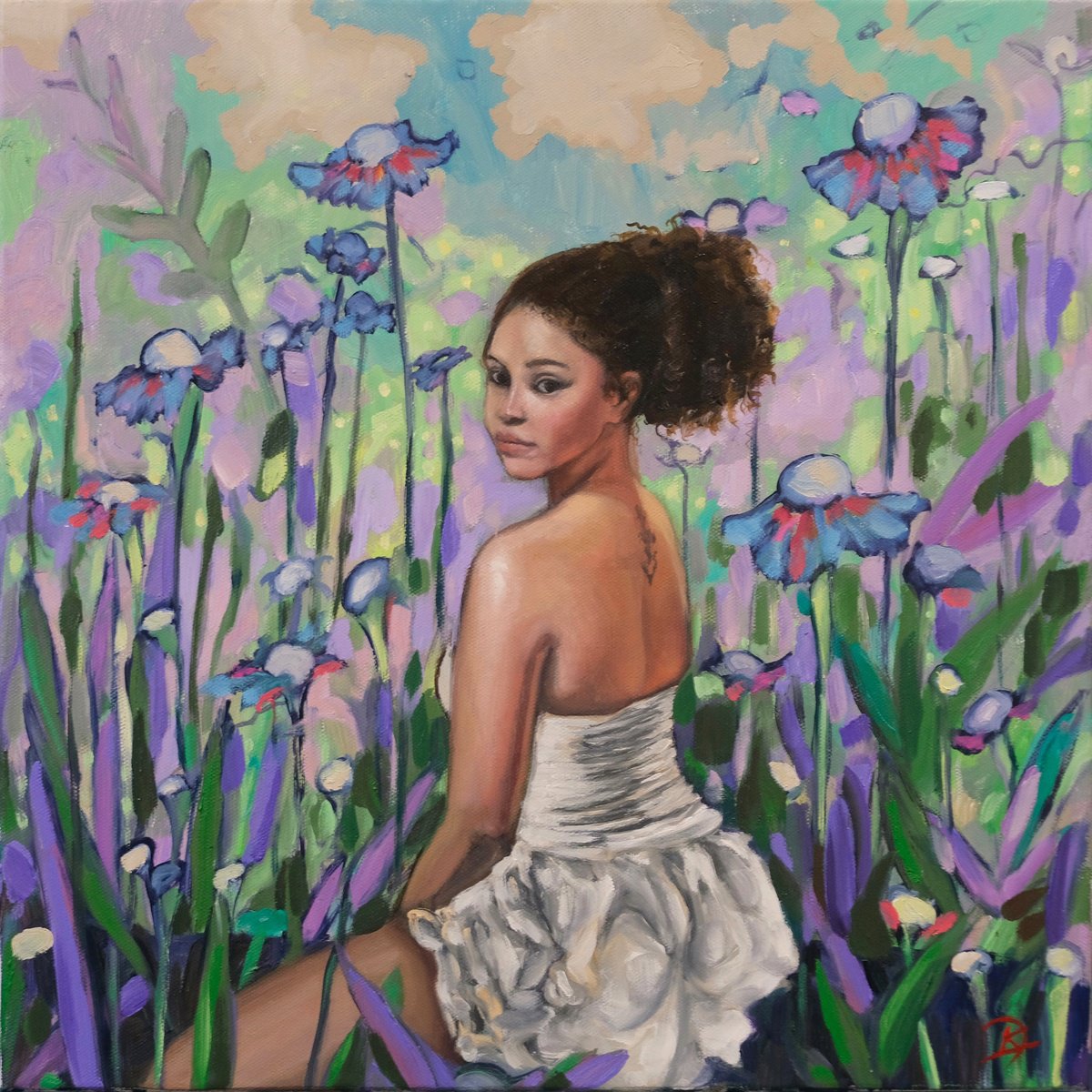 Organic Portrait Oil Painting By Kerry Lisa Davies, 16 X 16", In An Endless Garden, Original Artwork
