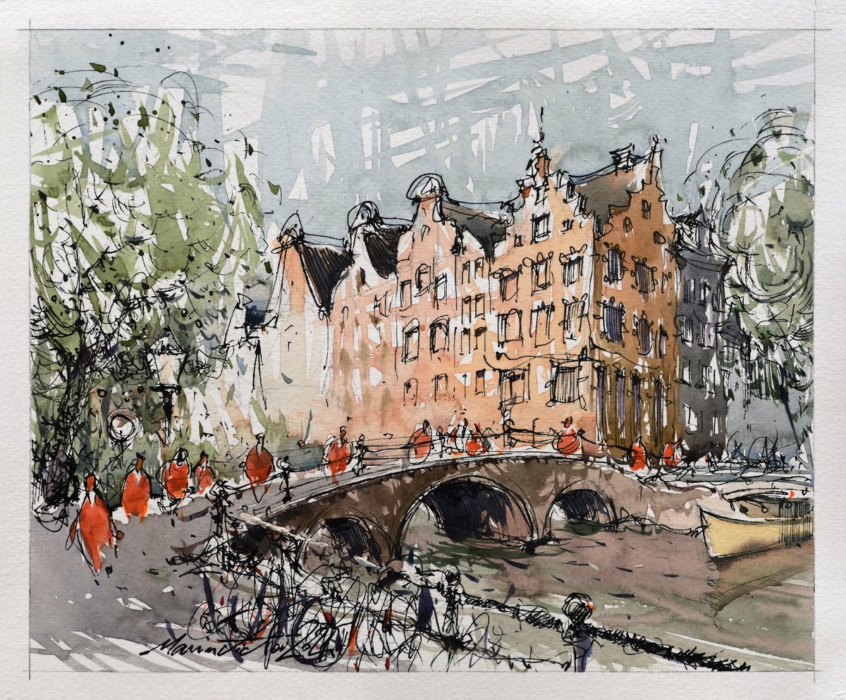 Amsterdam ink and watercolor urban sketch painting. by Marin Victor
