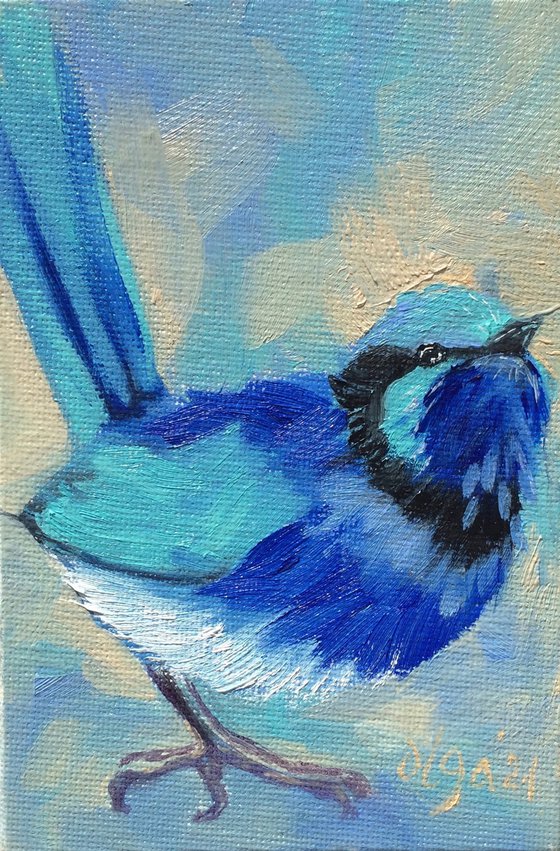 Blue bird n3, miniature original oil painting.