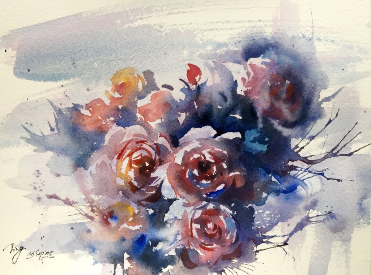 Impressionistic Botanical Watercolour By Jing Chen, 15 X 11, Midnight Blues 2, Original Artwork