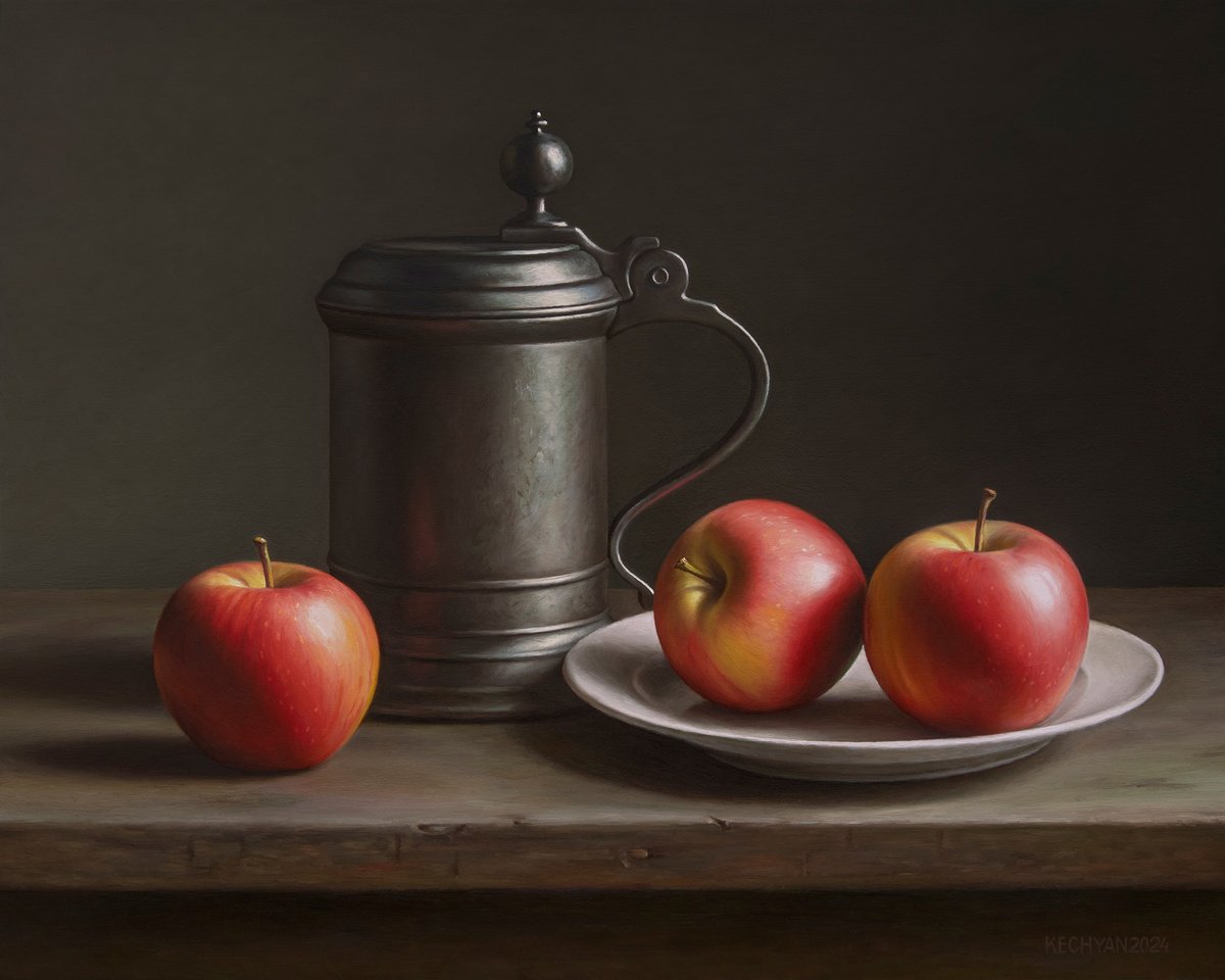 Photorealistic Still Life Oil Painting By Albert Kechyan, 18 X 14, Three Apples, Original Artwork