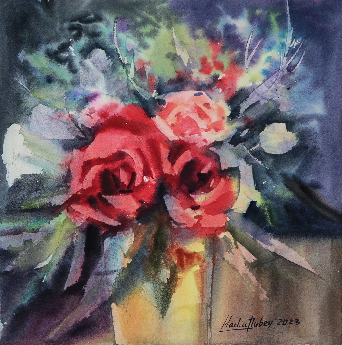 Impressionistic Botanical Watercolour By Nadiia Dubei, 12 X 12", Roses. Original Artwork ., Original Artwork