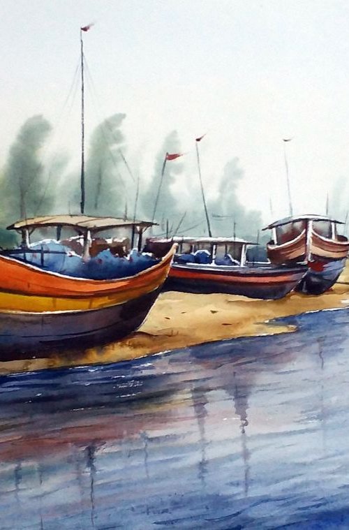 Fishing Boats  - Watercolor Painting by Samiran Sarkar