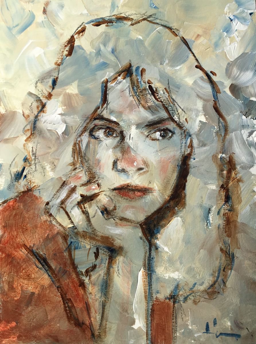 Expressive Portrait Acrylic Painting By Dominique Deve, 12 X 16, Anai?s, Original Artwork