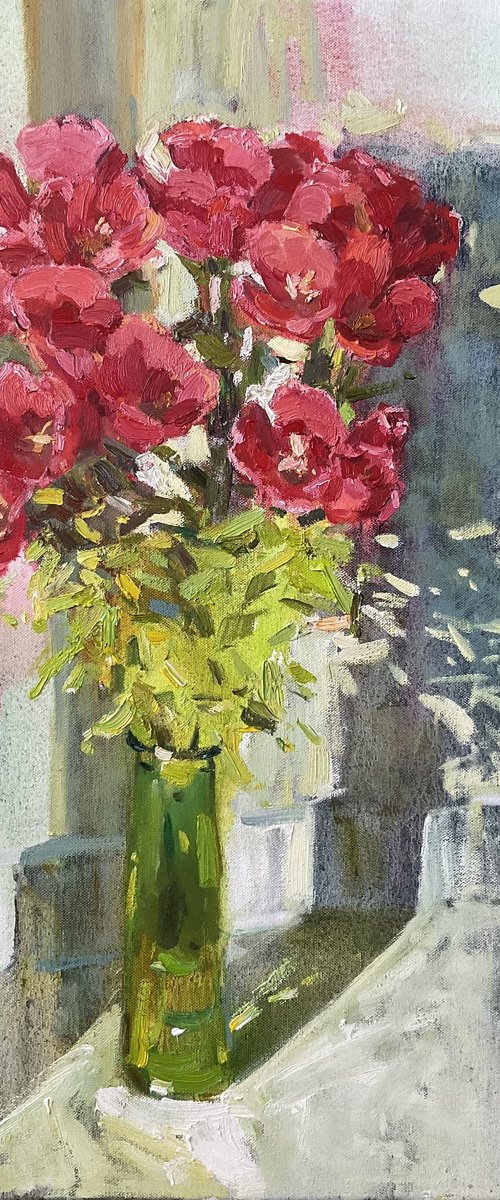 Red Flowers and Green Shadow by Nataliia Nosyk