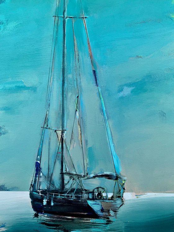 Big vertical painting - "Green ocean" - delicate color - sunset - sailing boat - seascape - ocean