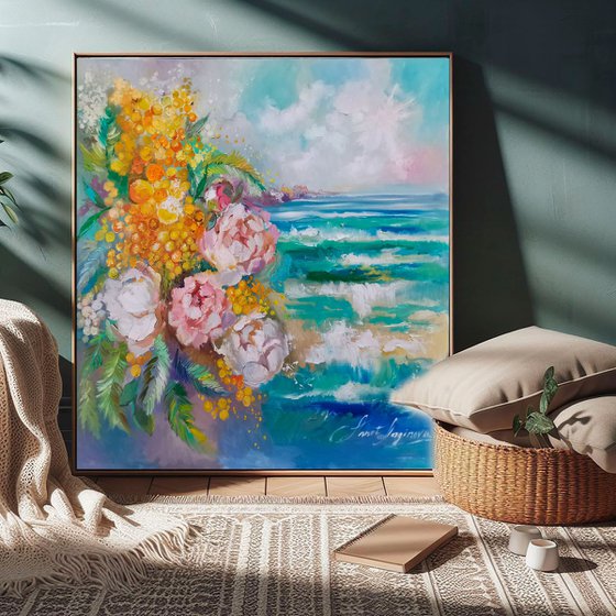 Floral painting with sea, Oean wall art, Flowers original painting
