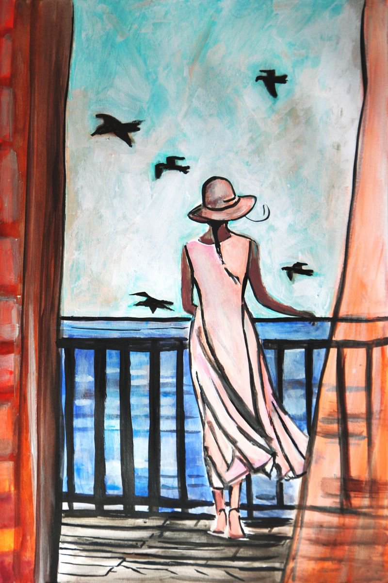 Girl and seagulls / 50 x 33 cm by Alexandra Djokic