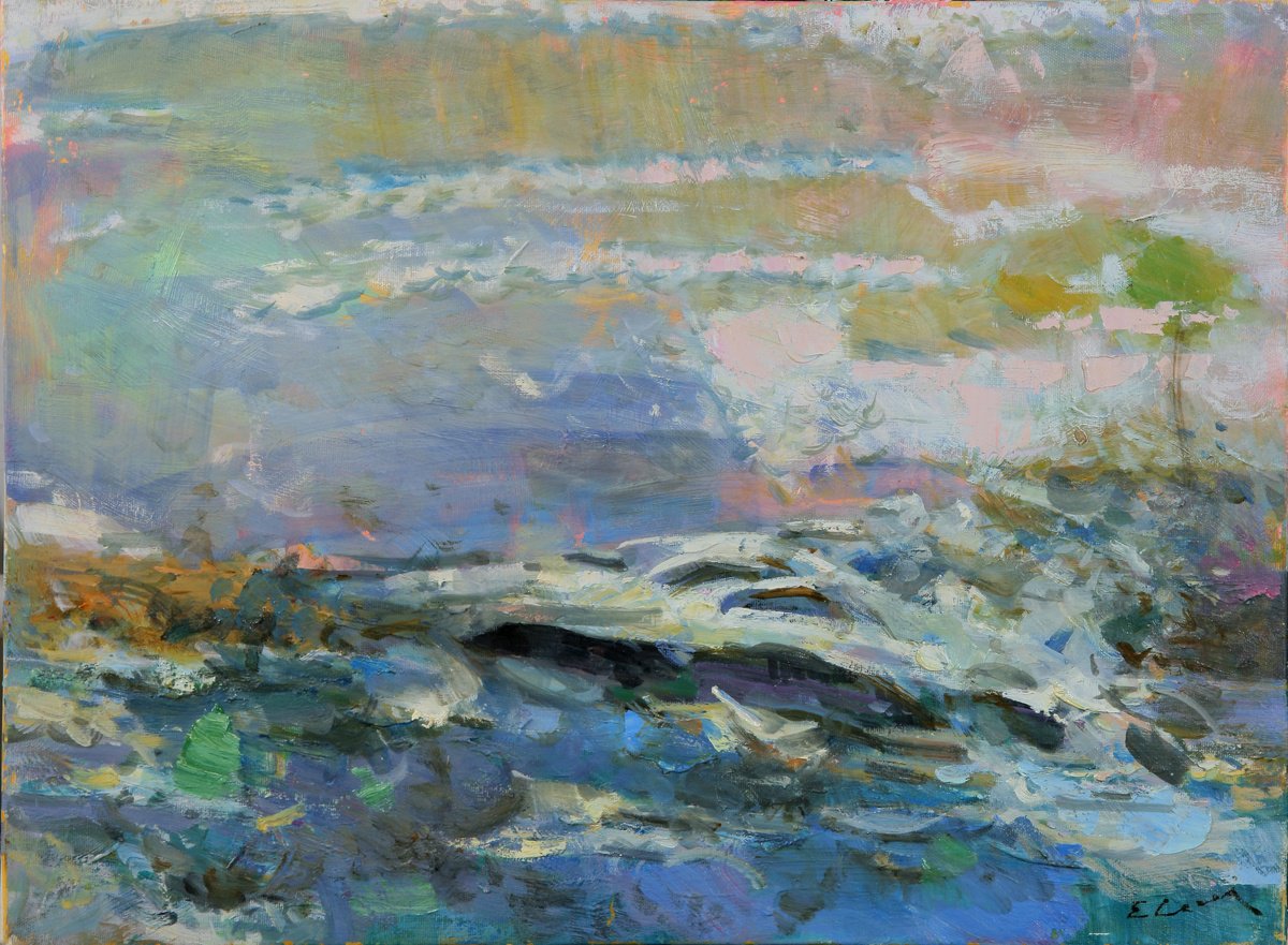 Expressive Abstract Oil Painting By Eugene Segal, 24 X 18, Landscape With A Boat, Original Artwork