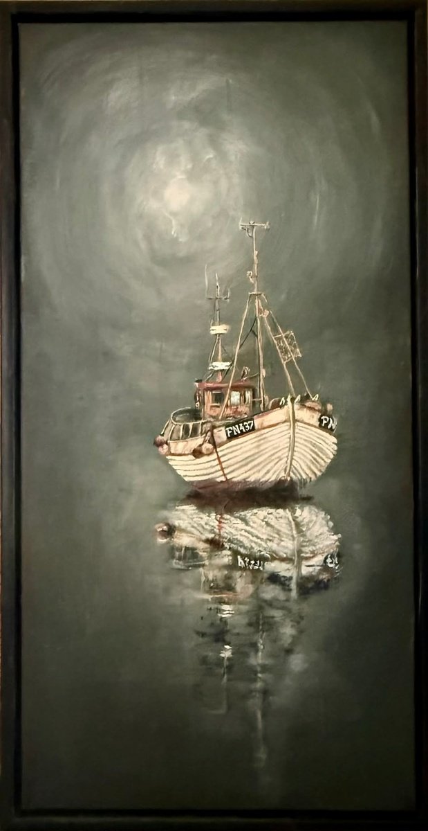 Acrylic Painting , Trawler Under A Silent Moon By Kasia Januszkiewicz, 17 X 33, Artwork For Sale On Artfinder