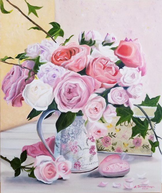 Shabby Chic Heart and Roses Oil Painting on Canvas. Flower Art. Wall Decor. Gift for Mom.