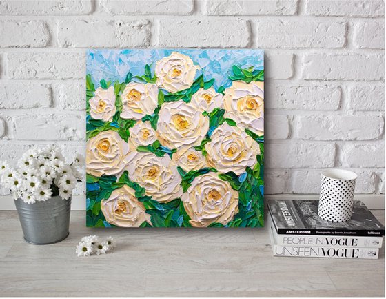 White Roses - Heavy Impasto Floral Painting, Palette Knife Art