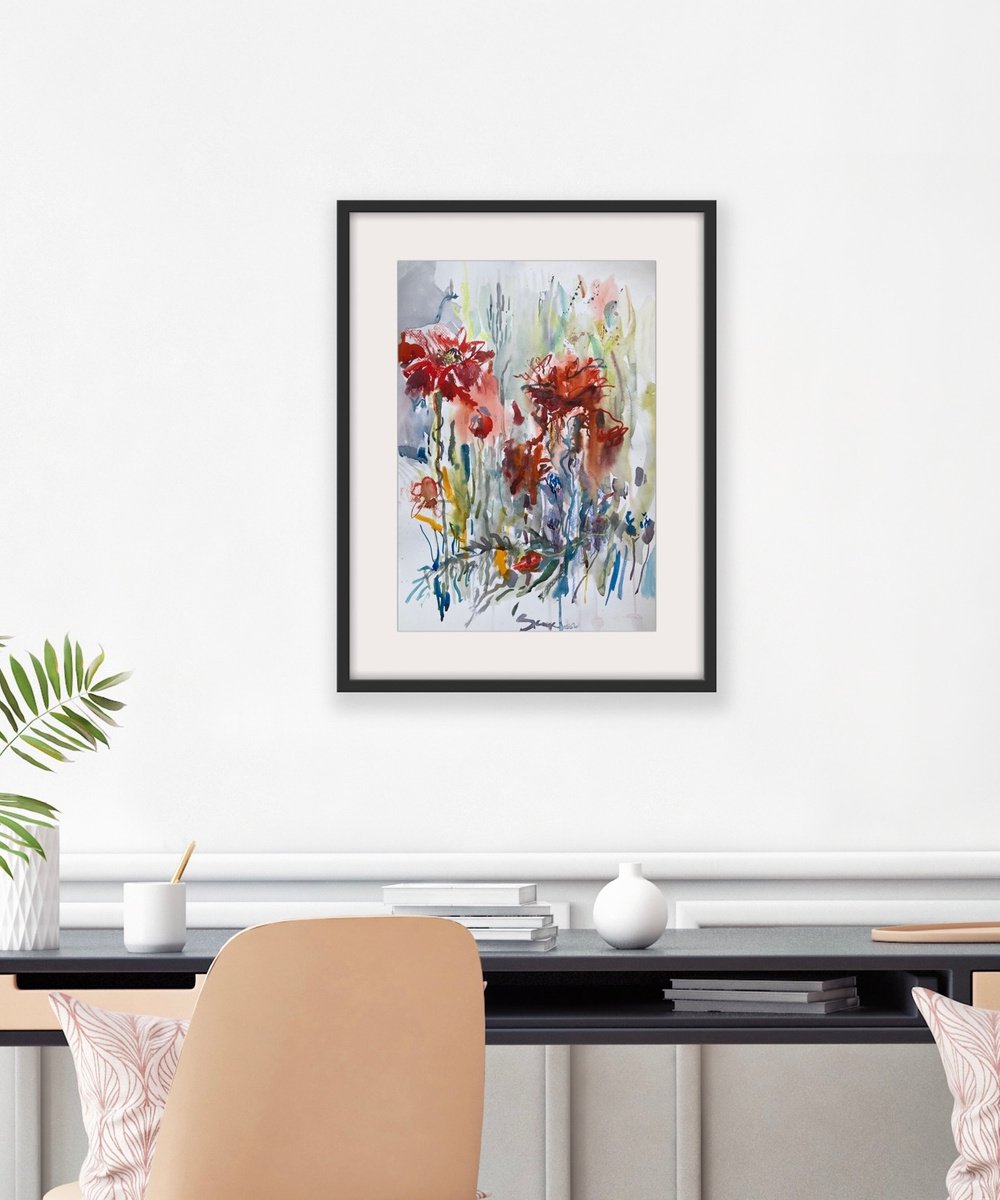 Expressive Botanical Watercolour By Mari Skakun, 16 X 24", Poppies, Original Artwork