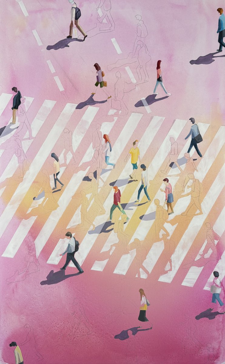 Urban And Pop Cityscapes Acrylic Painting By Martta Garcia, 32 X 51", Pink Pink Pink, Original Artwork