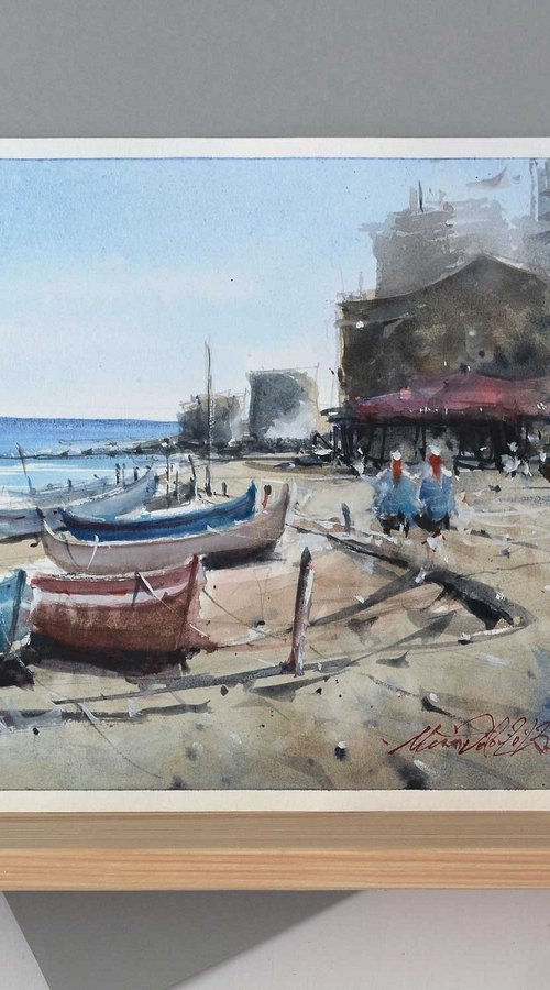 Sicily Italian Seaside beach landscape with boats painted in watercolor by Marin Victor