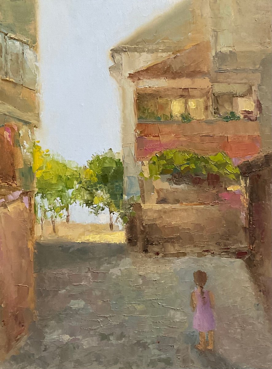 Impressionistic Cityscapes Oil Painting By Vera Klimova, 12 X 16", Little Girl, Original Artwork
