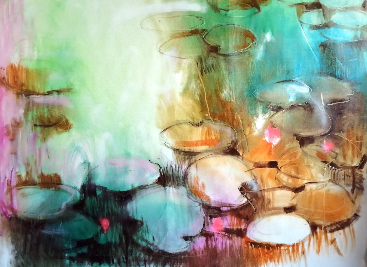 Impressionistic Botanical Oil Painting By Olga David, 55 X 39", Deep Water, Original Artwork