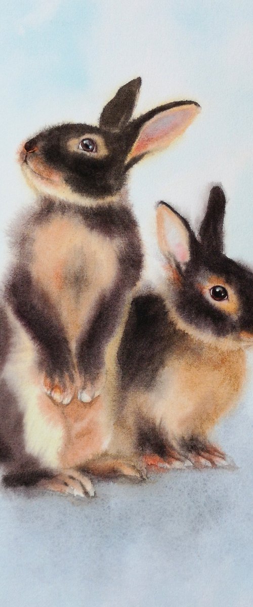 Two Tan Rabbits - pair of cute by Olga Beliaeva Watercolour