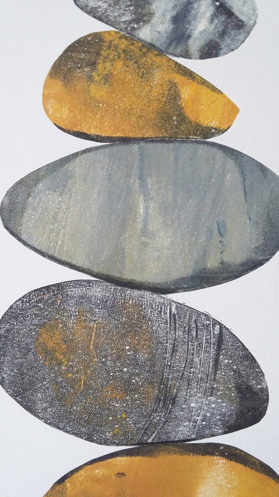 Zen stones - Twelve stones #12  ( banded balancing stones lino/monoprint)