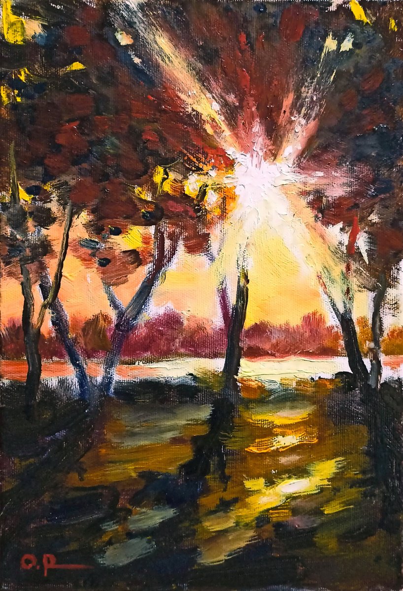 Impressionistic Landscape Oil Painting By Oleh Rak, 8 X 12", Impression. Autumn Morning, Original Artwork