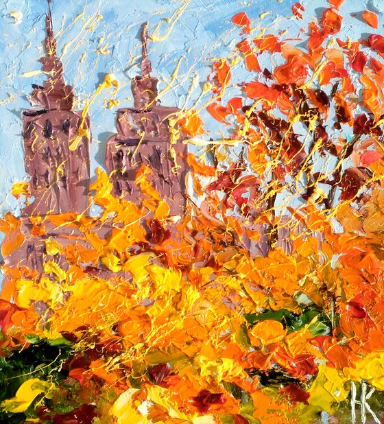 NYC Fall Painting Cityscape Original Art New York Small Oil Artwork Central Park Impasto Pallete Knife Wall Art 7 by 8" by Halyna Kirichenko