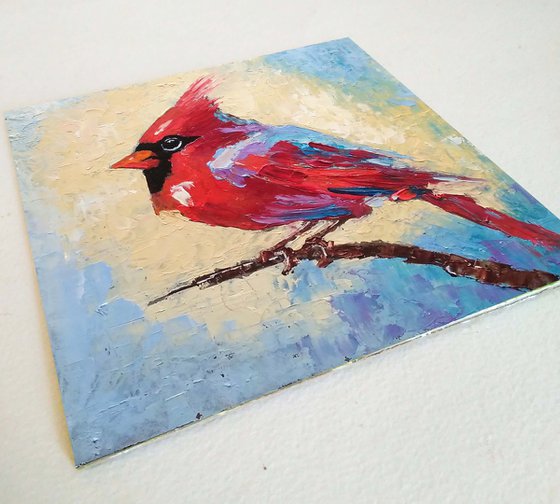 Cardinal Painting Original Art Red Bird Artwork Small Wall Art
