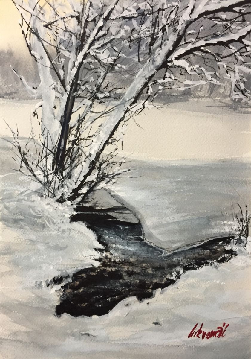 Photorealistic Landscape Watercolour By Tihomir Cirkvencic, 9 X 13", Frozen Creek, Original Artwork