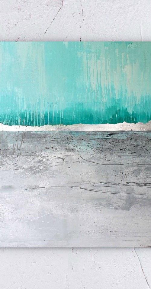 "Lake" Abstract teal blue silver acrylic art by Yana Sagan