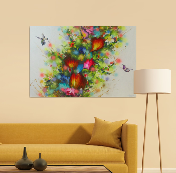 Flowers and Hummingbirds, Large Painting