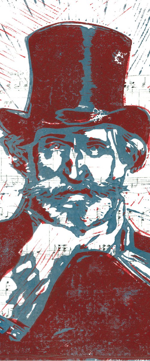 Composers - Verdi - Portrait on notes im blue and red by Reimaennchen - Christian Reimann