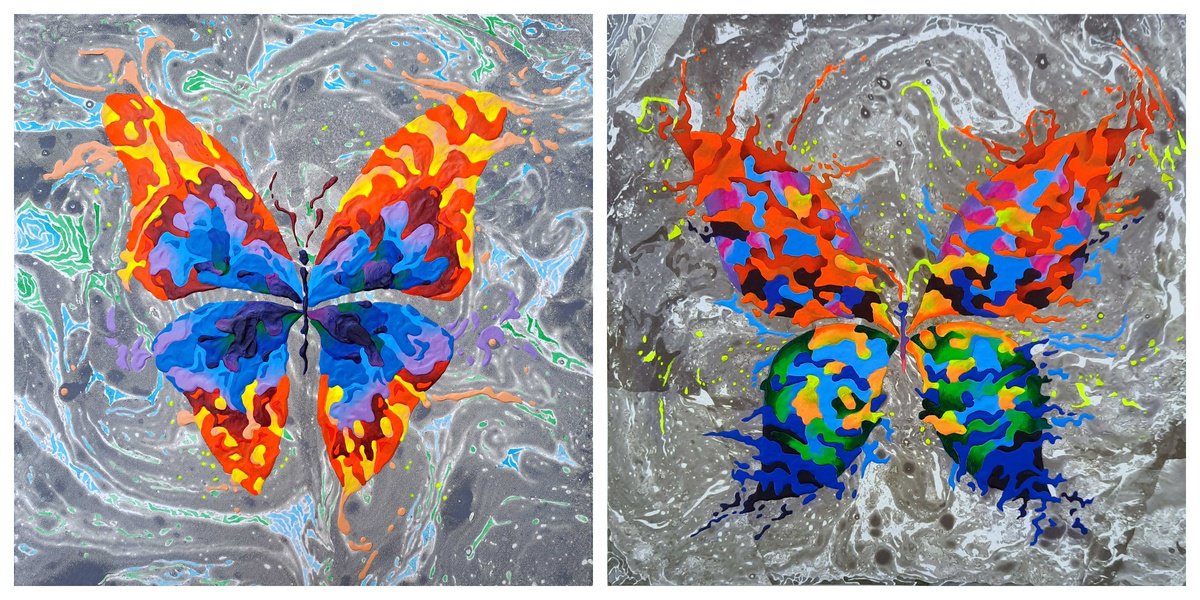 Abstract Animal Acrylic Painting By Mariia Raskin, 20 X 10", Set Of 2 «Grey Fantasy», Original Artwork