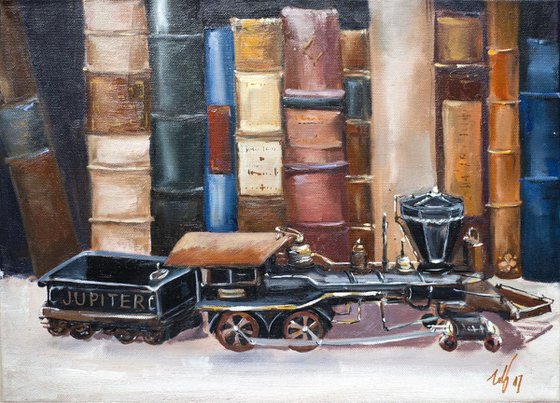 Old train. Commission. Original small size oil painting toys train books room kids realism