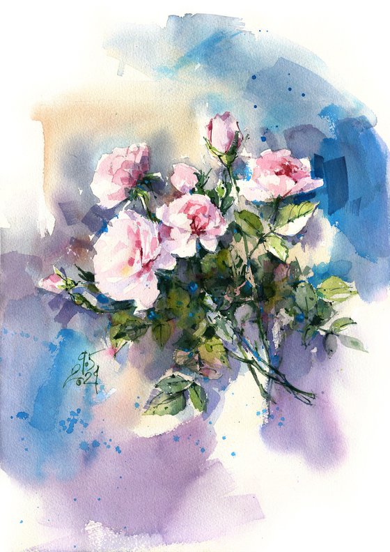 "Melody of a clear sky" bouquet of delicate light pink garden roses impressionism watercolor