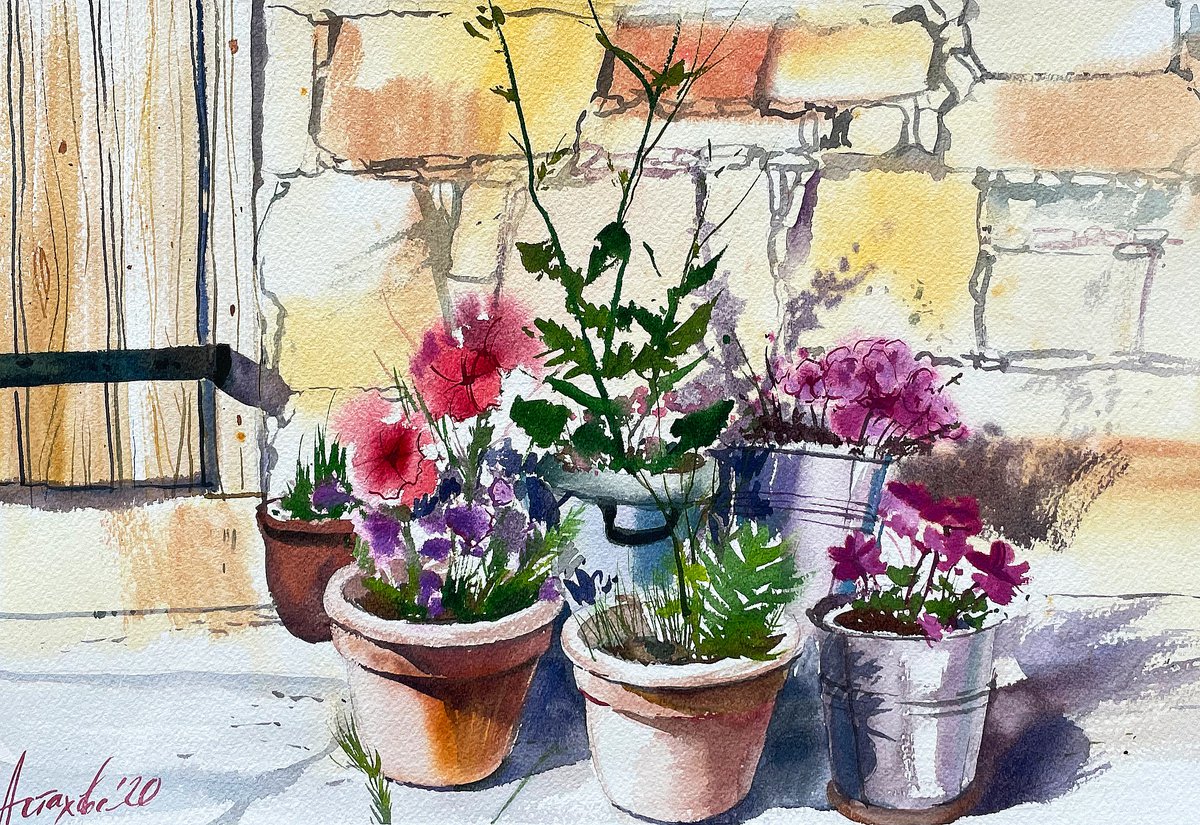 Impressionistic Botanical Watercolour By Ksenia Astakhova, 15 X 10", Flower Pots From Omodos, Original Artwork